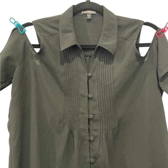 EXPRESS Black Button Up Cold Shoulder Notched Collar Blouse - Picture 4 of 5